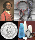 Images of slavery - chains, sugar loaves, the abolition medallion and a black man in European dress