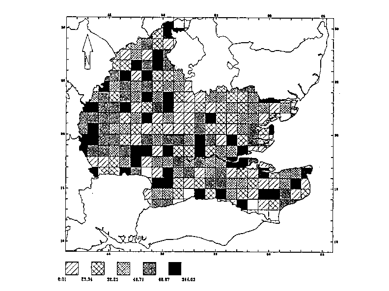 Fig. 5. map showing mean ratio of value of
grass to arable (by grid square)