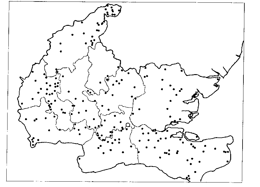 Fig. 1. map of location of manors with
demesne accounts 1288-1315 included in the Feeding the City
database