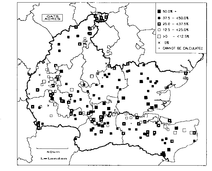 Fig.2. map showing the percentage of sown grain
acreage devoted to oats on demesnes in the London region c.1300