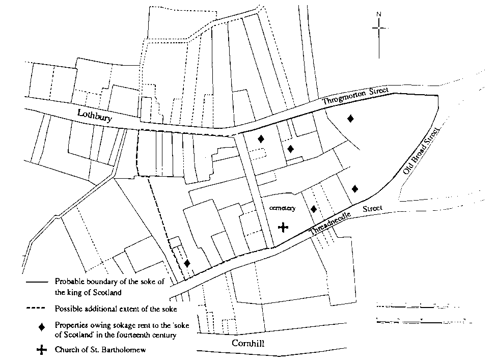 Fig. 5. map showing the Bank of England area:
the soke of the Kings of Scotland, eleventh to thirteenth
century, with modern street names