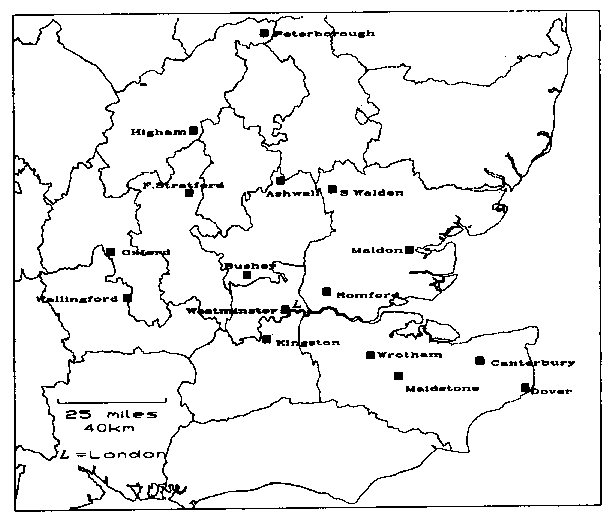 Fig. 1. map showing location of towns for which local court series have been examined (as of 30 November 1995)