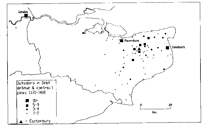 Fig. 2. map showing stated residences of outsiders appearing in Canterbury debt, detinue and contract pleas, 1370-1418.