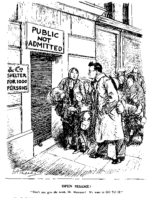 WW2 cartoon showing people waiting at air raid shelter