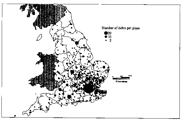 Fig. 1. map showing residence of defendants to debt pleas brought by Londoners c.1400