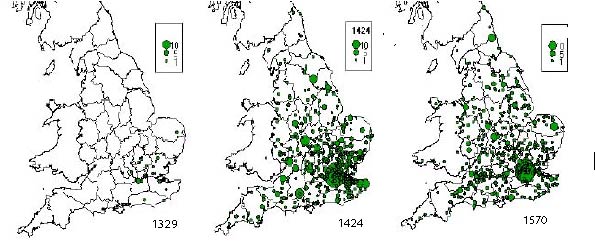 Fig 1. picture of 3 maps showing Debts owed to Londoners in 1329, 1424 and 1570