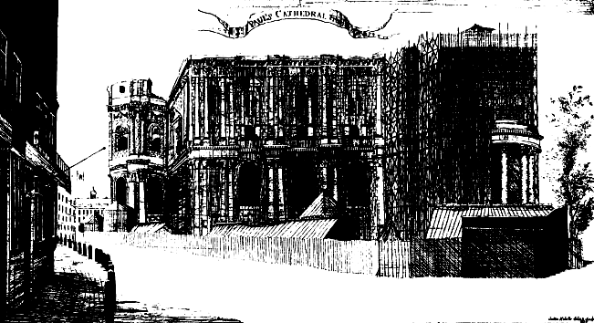 Fig. 6. Copy of Sutton Nicholls's engraving of 1695 showing the exterior of the cathedral under scaffolding