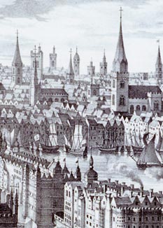 Aeriel view of London Bridge, C.J. Visscher, c.1616. Reproduced by kind permission of Guildhall Library © Corporation of London and available from COLLAGE at http://collage.cityoflondon.gov.uk