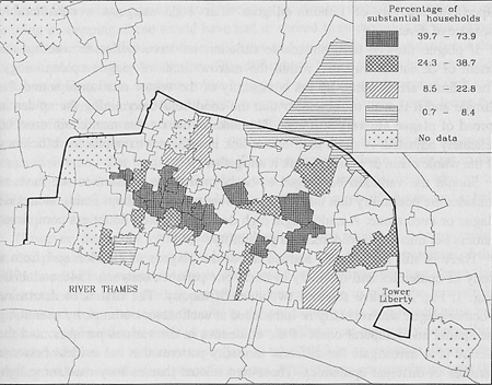 Fig. 2. The Study Parishes 
                    Classified on the Proportion of Substantial Households in 
                    the 1638 Listings