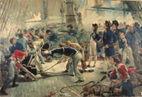 A painting showing a naval battle scene