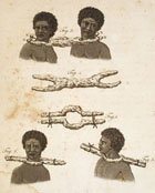 An engraving of slaves in wooden yokes used in Coffles, Senegal, c.1789.