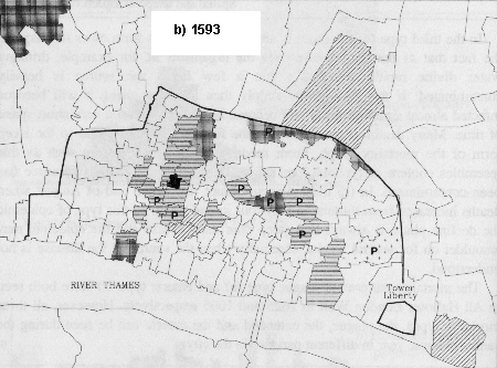 map showing mortality patterns in the study parishes in 1593