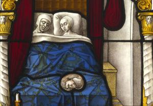 Tobias and Sarah on their wedding night, stained glass, image copyright Victoria and Albert Museum