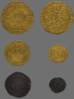 A photograph of gold and silver coins